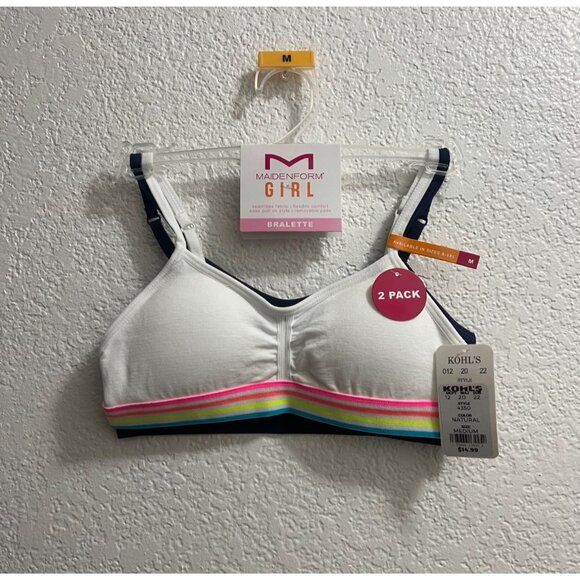 Girls Maidenform 2-pk White Rainbow Navy Seamless Ruched Cropped Bras Size Mediu - Picture 2 of 4